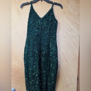 SHEIN Prom Formal Party Cocktail Emerald Green Sequin V-Neck Midi Dress NWOT